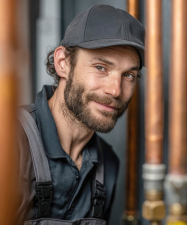 Authentic Portrait of a Friendly and Experienced Plumber or Handyman in a Gray Cap and Overalls, Posing with a Genuine Smile Amidst Shiny Copper and Brass Plumbing Pipes.の素材