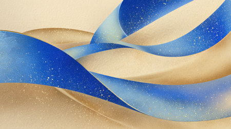 Abstract Wavy Golden and Blue Background - Elegant Japanese Paper Cut Style with Glittering Texture and Flowing Ribbons for Luxury Design.の素材