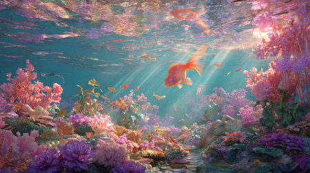 Selling Title: Vibrant Underwater Coral Reef Fantasy with Goldfish - Enchanting Ocean Habitat Illuminated by Sun Rays Through a Bright Water Surface.の素材