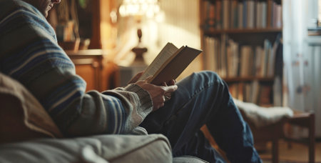 The Quiet Pursuit of Knowledge: Cozy Side View of Man Relaxing and Reading a Book on a Sofa in a Warm, Sunlit Home Library.の素材