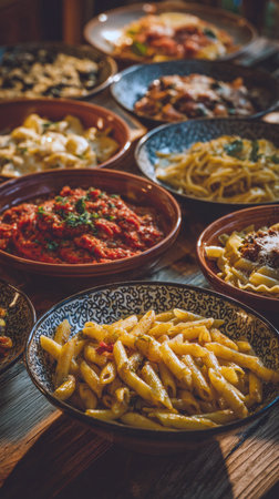 A rich, dark composition of various Italian pasta dishes, featuring different pasta shapes like penne, spaghetti, and lasagna, dressed in classic sauces, including a vibrant tomato sauce and creamy cheese sauces, served in ceramic bowls on tableの素材