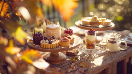A delectable array of homemade autumn desserts, featuring mini tarts with fresh berries, a layered parfait, fig pastries, and a dusting-sugar-topped cake, presented on wooden stands surrounded by fall leaves in warm, sunny outdoor light.の素材