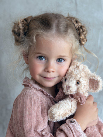 Adorable Young Girl with Playful Pigtails Cuddles Her Beloved Fluffy Bear, Radiating Innocence and Childhood Comfort Against a Soft Background.の素材