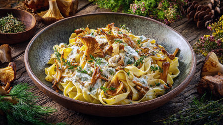 A close-up of delicious tagliatelle pasta with chanterelle mushrooms and a rich, creamy herb sauce. The dish is presented in a rustic bowl on a wooden surface, surrounded by forest elements like thyme, pine cones, and fir branches.の素材