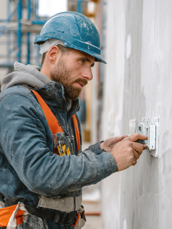 A focused construction worker or electrician in a blue hard hat and orange safety harness installs an electrical outlet on a concrete wall. The bearded man represents skilled labor and the building and trade industry.の素材