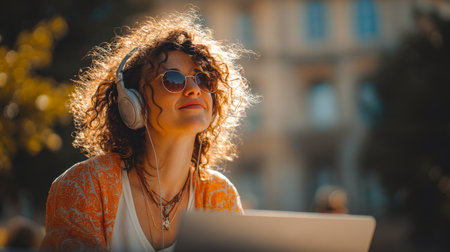 A happy young woman with curly hair and sunglasses is relaxing and listening to music on headphones outdoors in the sunlight. This portrait captures a bohemian, free-spirited lifestyle moment of leisure and enjoyment.の素材