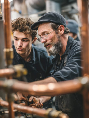 Two plumbers, a seasoned professional and a young apprentice, working together in a focused workshop environment, examining intricate copper piping. This image symbolizes mentorship, skilled labor, and vocational training.の素材