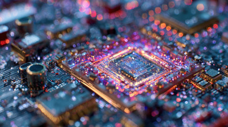 Stunning macro close-up of a computer CPU and motherboard with bright bokeh lights. This intricate detail shot symbolizes data, technology, innovation, artificial intelligence, and the digital future.の素材