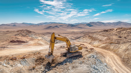 A heavy yellow excavator sits on a spoil pile in a vast, open-pit mine or quarry in a desert landscape. This image represents mining, earth moving, construction, resource extraction, and industrial development.の素材