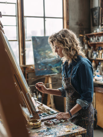 A focused, curly-haired female artist wearing a paint-splattered apron works on an oil painting at an easel in a rustic art studio. The scene, bathed in natural light from a large window, captures the essence of creative process and artistic passion.の素材