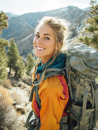 Portrait of a happy young woman with a backpack and orange jacket smiling while hiking in the mountains. Captures the joy of adventure, nature, and outdoor exploration in bright sunlight.の素材