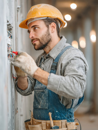 Focused electrician in a yellow hard hat and overalls testing an electrical panel with a multimeter. Depicts a professional tradesman working on wiring and installation on a construction site.の素材