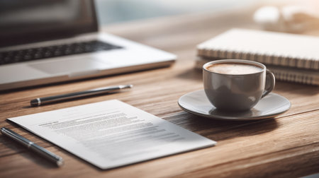 Professional desk scene with a cup of coffee, open laptop, contract document, and pen on a wooden table. Perfect for illustrating business, remote work, focus, planning, or study environments.の素材