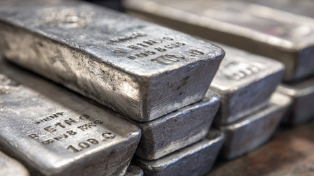 Close-up of roughly cast metal ingots stacked, showing texture and markings. Represents raw materials, industrial production, finance, investment, and commodity trading.の素材