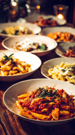Appetizing display of various pasta dishes, featuring penne with tomato sauce and cheese, served in a restaurant with moody candlelight. Great for Italian food and dining concepts.の素材