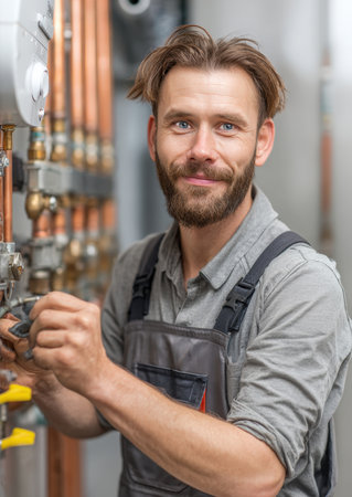 : Smiling, bearded technician in overalls working on a boiler and copper pipes. Ideal for illustrating professional service, plumbing, heating system repair, and skilled labor concepts.の素材