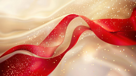 Luxurious abstract background featuring vibrant red and gold ribbons flowing over soft silk or satin fabric, dusted with sparkling glitter. Perfect for holidays, glamour, and elegant designs.の素材