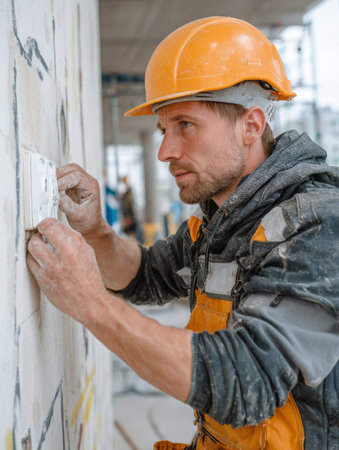 Focused construction worker or electrician is diligently installing a white electrical outlet or switch on a white wall at a building site, clad in safety helmet and dirty work overalls.の素材