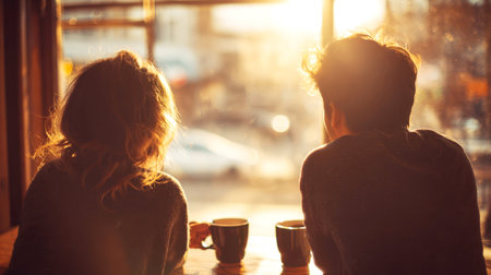 Over-the-shoulder view of a young couple or friends sharing coffee or tea by a window in a cafe. Silhouetted by the warm, golden light of a sunset, capturing an intimate, cozy moment of connection and leisure.の素材