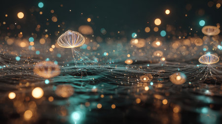 Stunning abstract digital illustration of glowing, wireframe jellyfish figures and a complex network of lines, illuminated by vibrant orange and teal bokeh lights. Ideal for technology, science, and futuristic designs.の素材