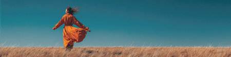 Woman in a flowing orange dress walks through a golden grass field under a deep blue sky. Perfect for freedom, adventure, travel, nature, and solo journey concepts.の素材