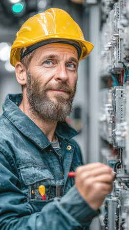 Portrait of a skilled, mature male electrician or engineer with a beard and blue eyes, wearing a yellow safety hard hat and navy work uniform, focused while inspecting or repairing a complex industrial electrical control panelの素材
