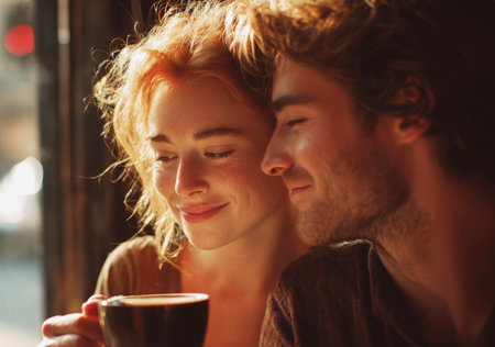 Candid, warm portrait of a happy young couple sharing a tender moment, embracing as they enjoy hot drink in cafe. The ginger-haired woman with freckles smiles down at the cup while the man leans his head against hers, illuminated by golden sunlight.の素材
