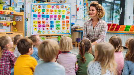 Smiling preschool or kindergarten teacher with curly hair leading a fun educational activity with her students, who are sitting attentively on the floor facing her and large, colorful alphabet chart in a brightly lit, organized classroom environment.の素材