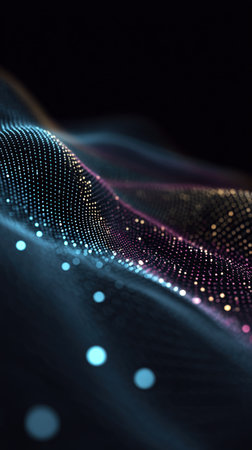 Abstract Digital Wavy Surface of Sparkling Light Particles: Futuristic Technology Background Representing Big Data Visualization, Sound Waves, or Artificial Intelligence Concepts with Soft Blue, Yellow, and Pink Glow on a Dark Backgroundの素材
