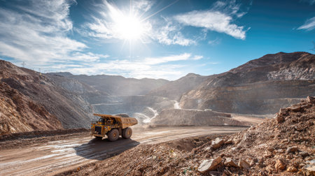 A large yellow mining dump truck hauls earth/ore on a dusty road within a huge, terraced open-pit mine or quarry. Dramatic sun flare and blue sky over arid, rugged mountain landscape. Represents heavy industry, resource extractionの素材