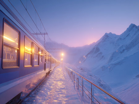 Dramatic Winter Night Scene of a Passenger Train Pausing at a Snowy Mountain Station During the Blue Hour, with Warm Light Spilling from the Carriages and Platform Lamps, Evoking Alpine Travel, Solitude, and a Breathtaking, Frozen Landscapeの素材