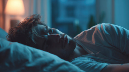 Close-up of a pensive and distressed young man lying awake in bed, struggling with insomnia, anxiety, or a nightmare. The scene is dramatically lit with a cool blue glow and a warm bedside lamp, emphasizing sleeplessness and mental stress at night.の素材
