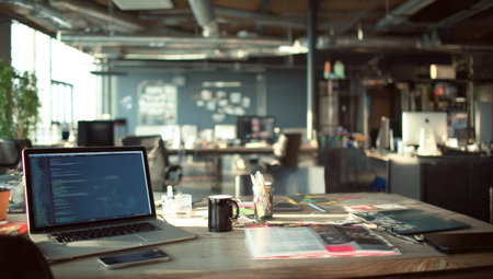 Modern Open-Plan Tech Office Desk: Laptop Displaying Code and Developer Tools on a Wooden Table in a Creative, Industrial Workspace with Exposed Ceiling and Natural Sunlight.の素材