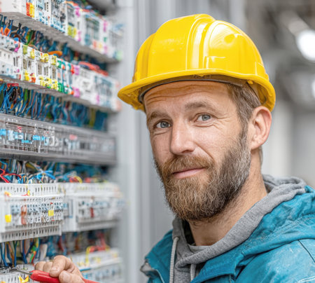 Close-up portrait of a smiling and confident electrician or engineer wearing a yellow hardhat and beard, standing in front of a complex industrial power switchboard or control panel, showing skilled labor, maintenance, and professional expertise.の素材