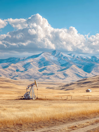 Solitary Oil Pump in Arid Landscape: White Pumpjack Operating in Dry Grassland Under a Dramatic Cloud-Filled Sky with Distant Snow-Capped Mountains, Representing Energy, Resources, and Western Americanaの素材