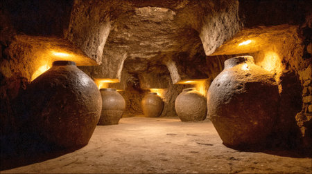 Atmospheric Ancient Underground Cellar: Dramatic Illumination of Giant Clay Pithoi Jars in a Cavernous Stone Chamber, Evoking Historical Wine or Olive Oil Storage and Archaeological Mystery.の素材