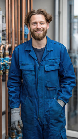 smiling young man with a beard, dressed in blue work overalls and gray gloves, standing in an industrial setting. The background features complex machinery, copper, and blue piping, suggesting a skilled worker, technician, or maintenance professionalの素材
