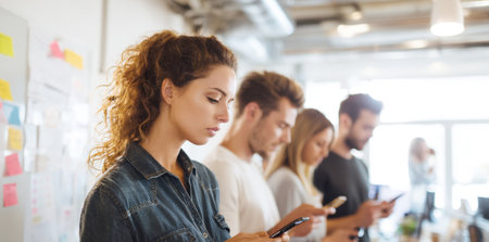 Young office workers standing in a line, focused on using their mobile phones in a bright, modern office. Concepts: digital communication, social media, technology addiction, mobile work, and dependence.の素材