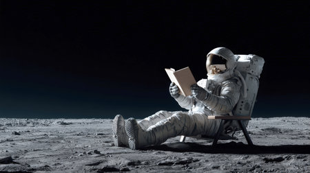 Astronaut enjoying a moment of solitude and leisure, reading a book while seated on the desolate, rocky surface of the moon against the stark black sky. A conceptual image of relaxation and space explorationの素材