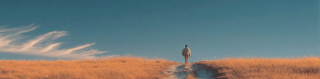 Panoramic landscape of a lone person walking on a path through golden, dry grass toward a wide, empty blue sky. Represents solitude, journey, adventure, freedom, and exploration.の素材