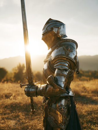 A powerful image of medieval knight in full shining armor, holding a greatsword vertically at his side in golden, sun-drenched field. The dramatic backlighting of the setting sun highlights the detailed metalwork, creating heroic and epic atmosphere.の素材