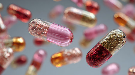 Macro shot of floating transparent capsules filled with colorful microbeads (red, pink, gold) against a soft gray background. Conceptual imagery for pharmaceuticals, vitamins, supplements, medicine, health, and biotechnology.の素材