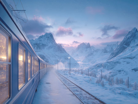 Enchanting Winter Train Journey Through Snow-Covered Mountains at Twilight - Beautiful Evening Landscape with a Passenger Train Illuminated by Warm Interior Lights and Soft Pink and Blue Sky.の素材
