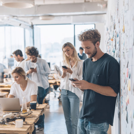 Group of young, casually dressed colleagues using smartphones and laptops in a bright, modern open office space. Concept of digital dependency, casual startup environment, and connectivity.の素材