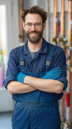Vertical portrait of a happy, bearded technician or plumber in overalls, gloves, and glasses, posing with crossed arms in a plant room or workshop. Skilled trades and home services concept.の素材