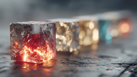 Abstract 3D render of a row of elemental cubes, with the foreground cube featuring cracked, glowing red energy. Shallow depth of field on a gritty surface.の素材