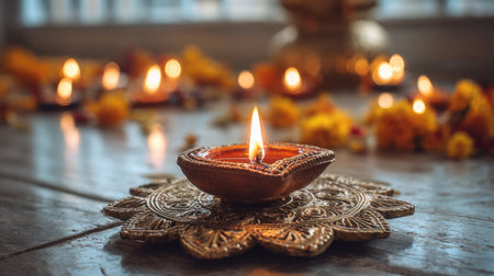 burning clay diya oil lamp on a decorative brass stand, surrounded by marigold flowers and warm bokeh lights. Ideal for Diwali, puja, hindu festival, and spiritual concepts.の素材