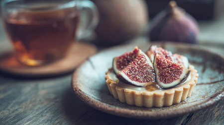 A delectable fig and mascarpone tartlet drizzled with honey on a rustic earthenware plate, served alongside a glass cup of hot tea on a dark wooden table.の素材
