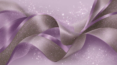 Abstract background featuring luxurious, flowing satin ribbons in lavender and mauve, adorned with a shimmering glitter overlay and soft bokeh lights.の素材