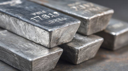 Close-Up Stack of Raw, Unpolished Silver or Industrial Metal Ingots with Stamped Numbers - Concept Image for Precious Metals Investment, Currency, Manufacturing, and Financial Security.の素材